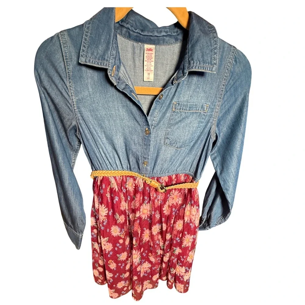 Justice Girls Denim Floral Shirt Dress With Belt Size 10 long sleeve Valentine's
